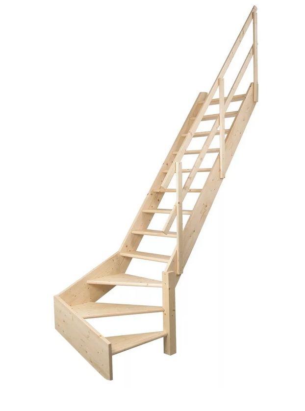 DOLLE NORMANDIE - schody zatočené  2x o 1/4 s podstupnicemi , smrk nelakovaný, bez zábradlí