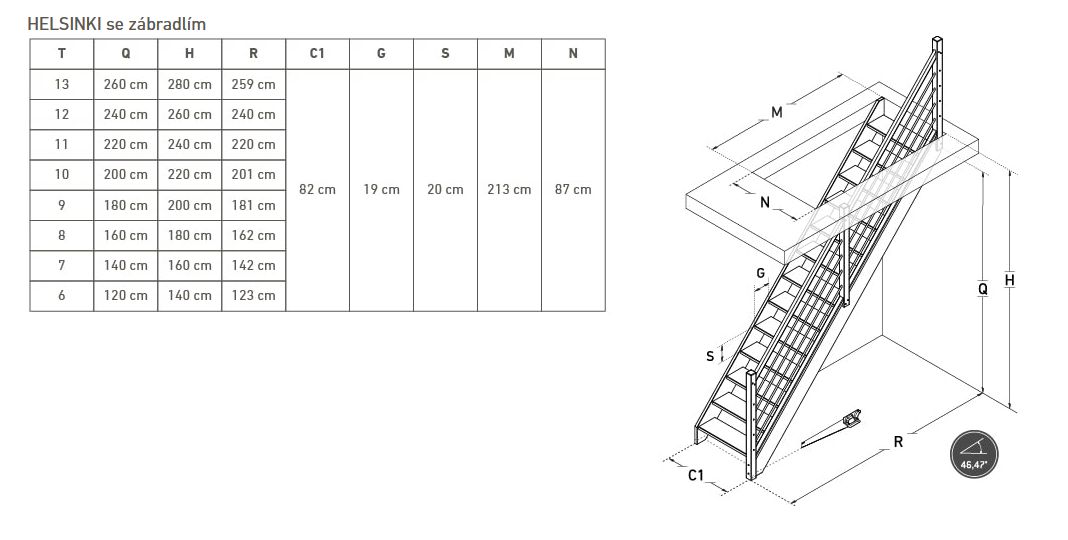 DOLLE HELSINKI - schody rovné s podstupnicemi, dub nelakovaný/černá, zábradlí pruty