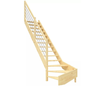 DOLLE PARIS - schody 1/4 levé  bez podstupnic, se zábradlím nerezové pruty, smrk nelakovaný